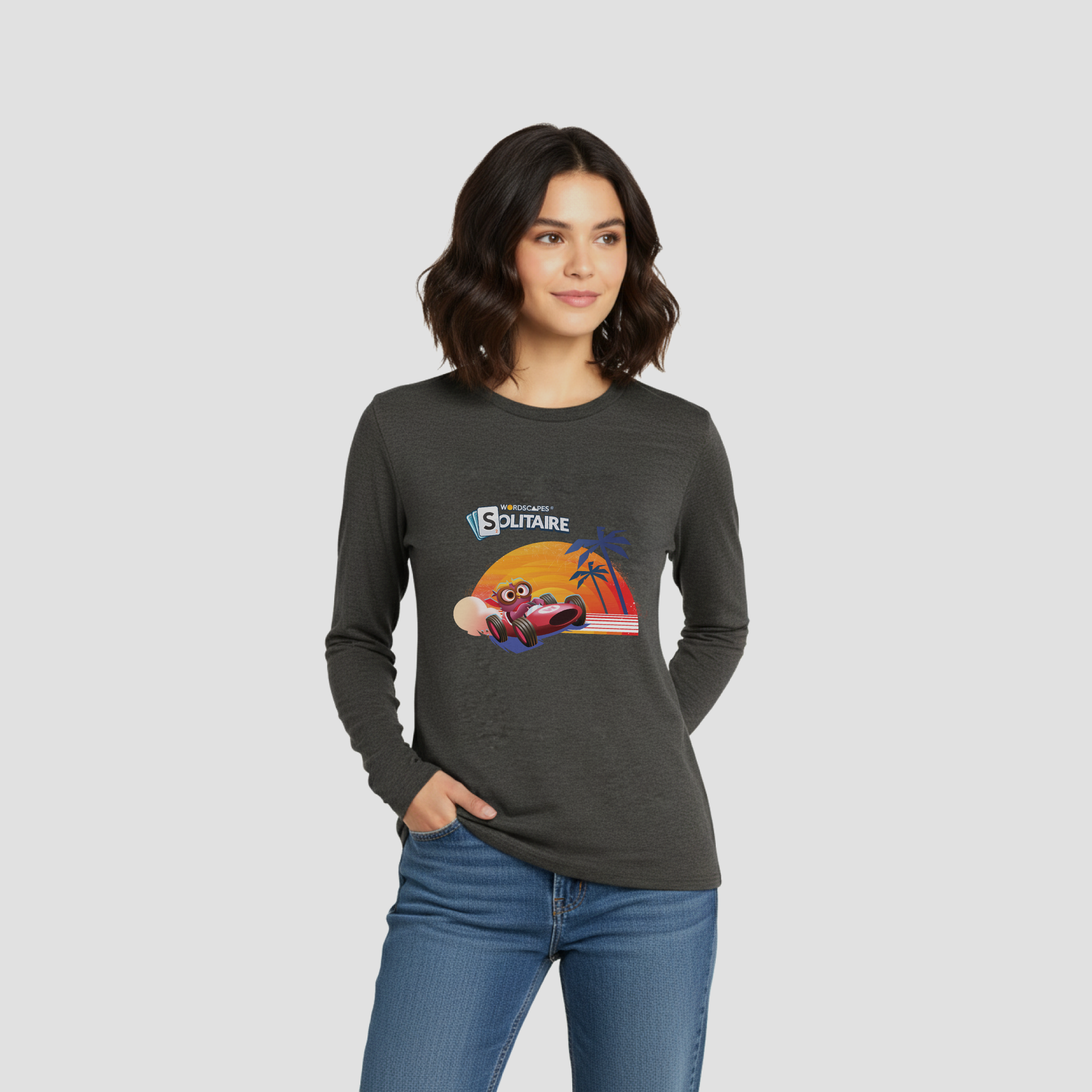 The Solitaire Sunset Long Sleeve Tee in Heathered Charcoal by Wordscapes Solitaire