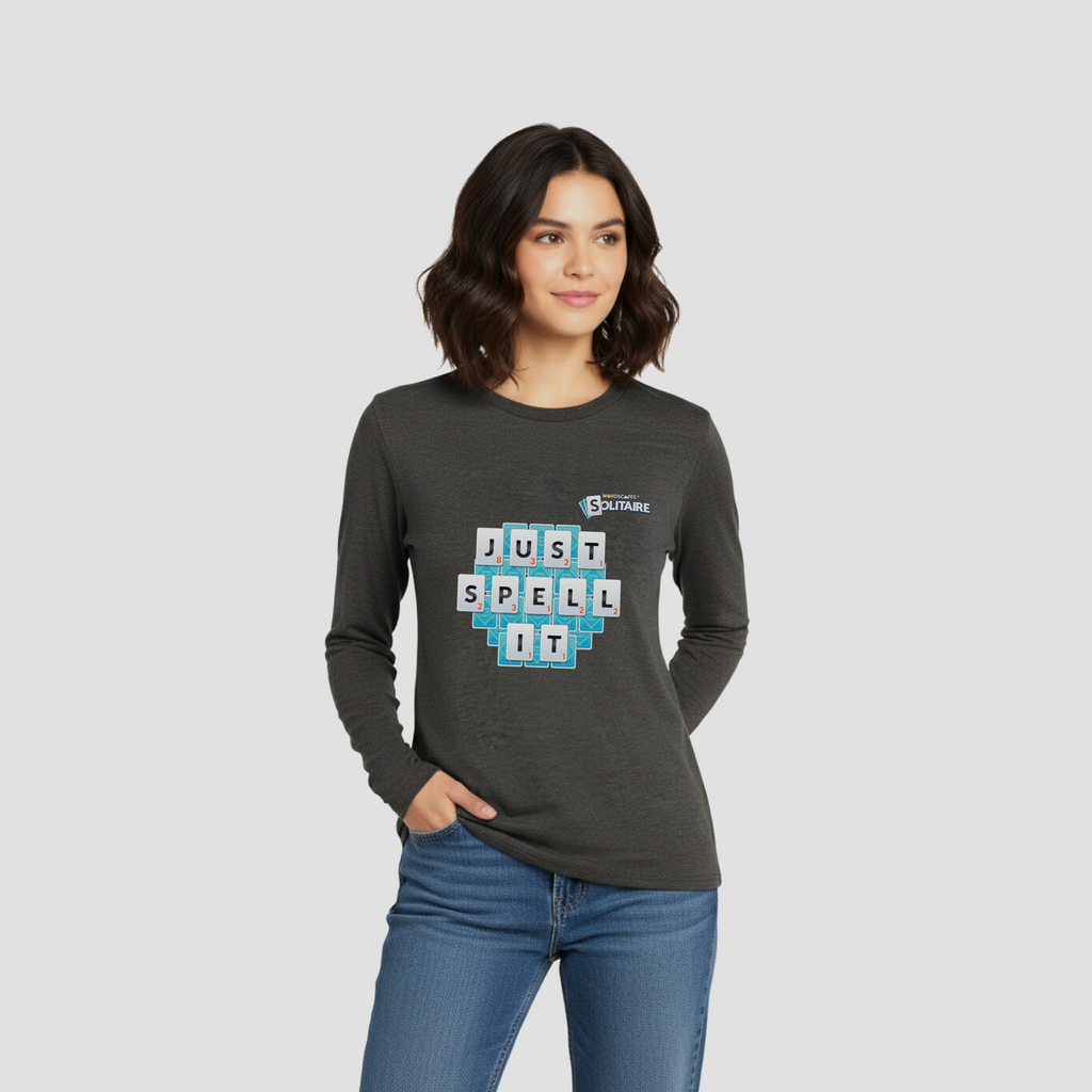 The "Just Spell It" Long Sleeve Tee in Heathered Charcoal by Wordscapes Solitaire