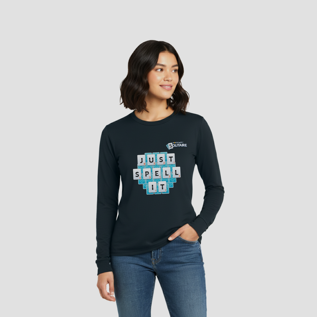 The "Just Spell It" Long Sleeve Tee in New Navy by Wordscapes Solitaire