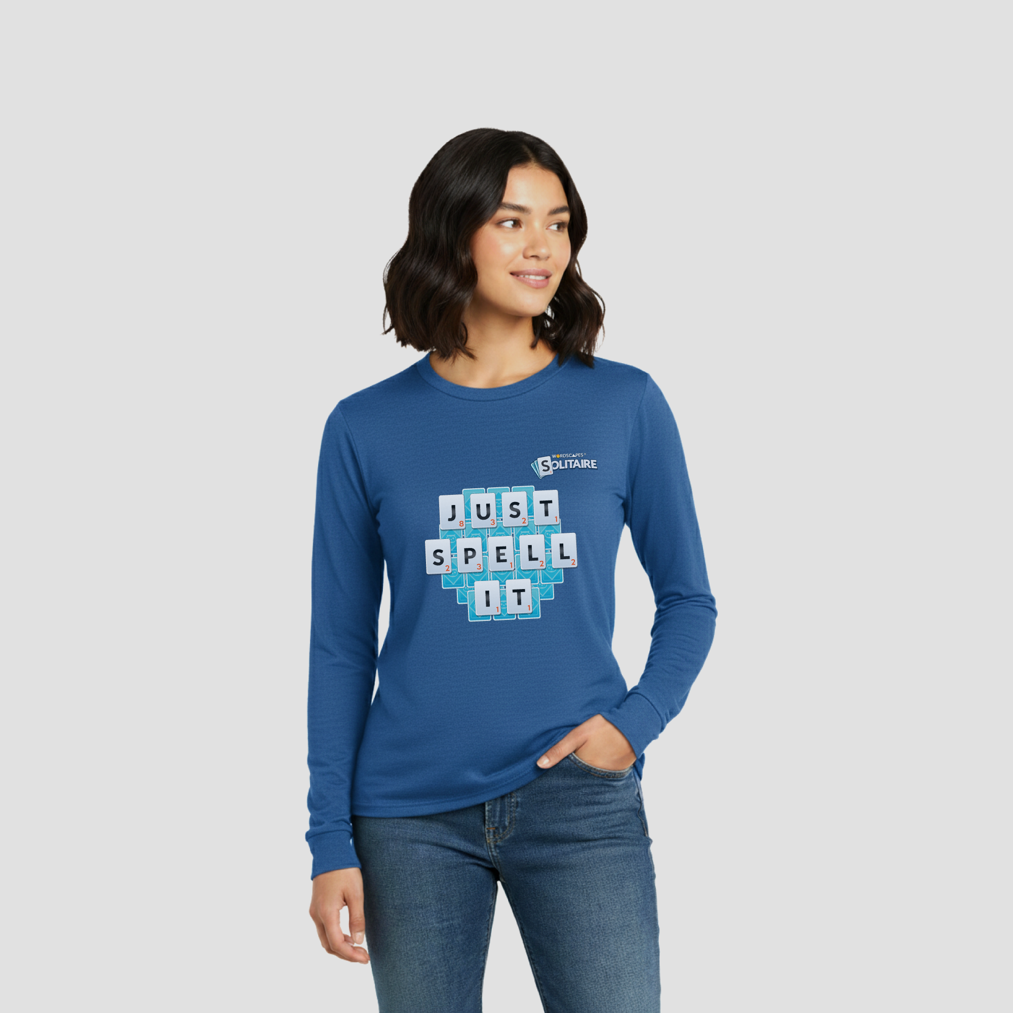 The "Just Spell It" Long Sleeve Tee in Royal Forest by Wordscapes Solitaire