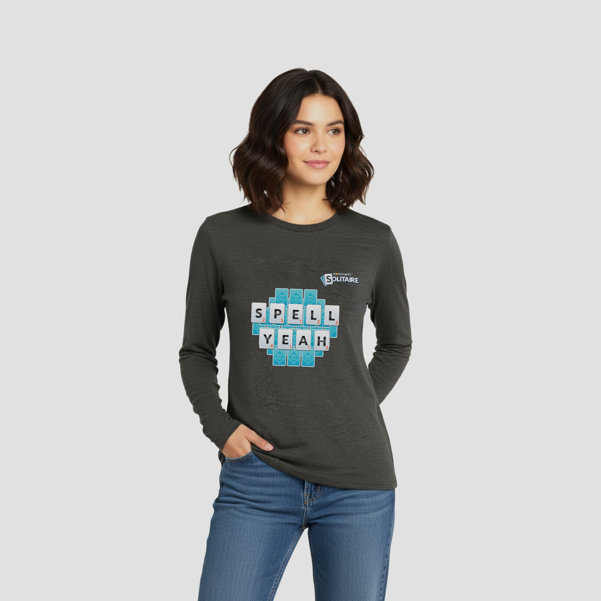 The "Spell Yeah" Long Sleeve Tee in Heathered Charcoal by Wordscapes Solitaire