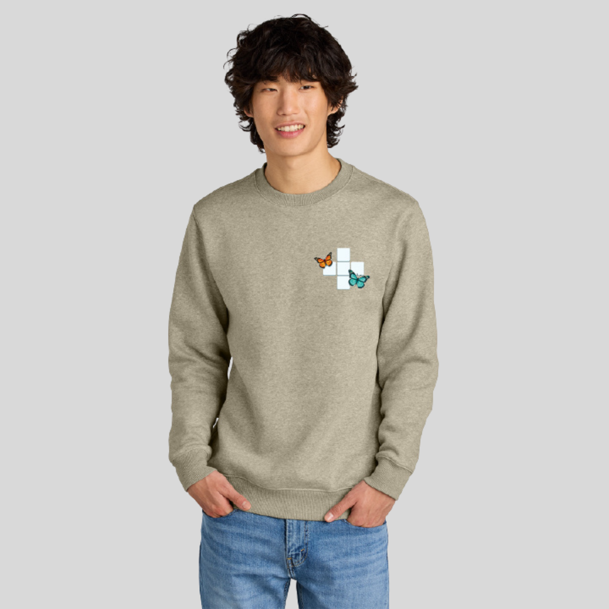 Butterfly Crossword Perfect Weight Fleece Crew in Heathered Latte by Wordscapes