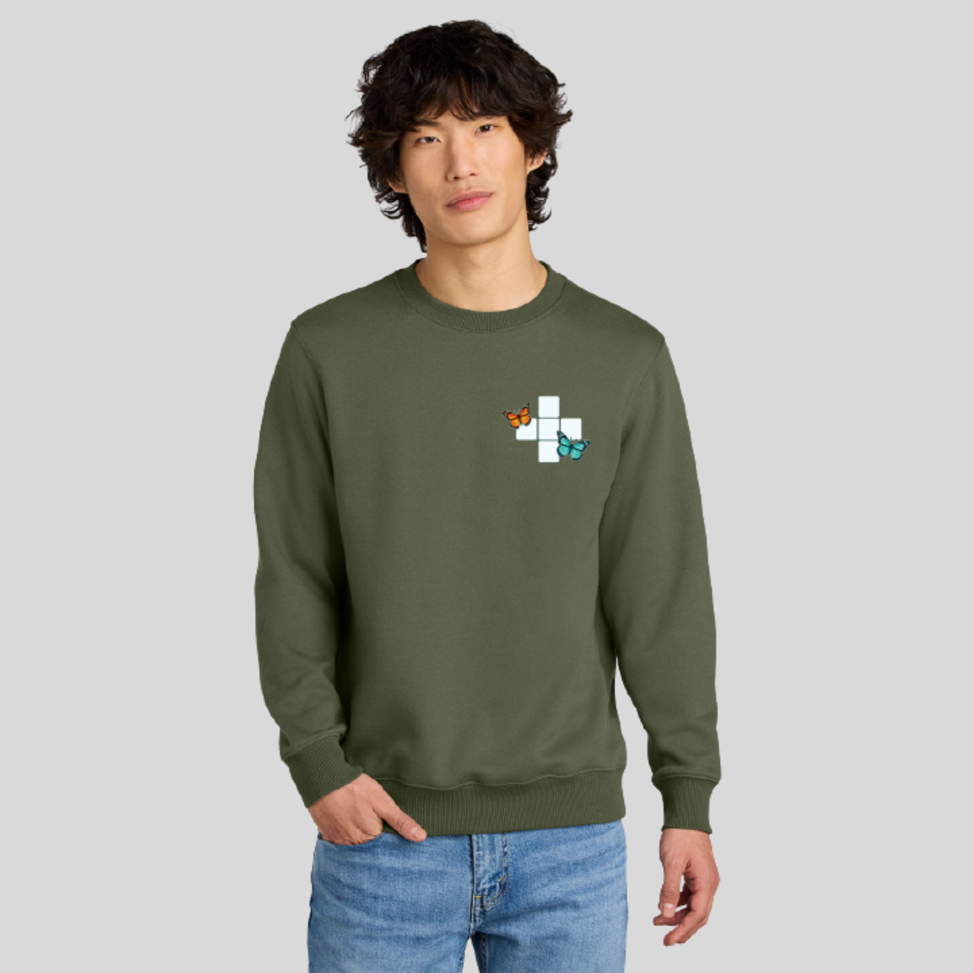 Butterfly Crossword Perfect Weight Fleece Crew in Military Green by Wordscapes