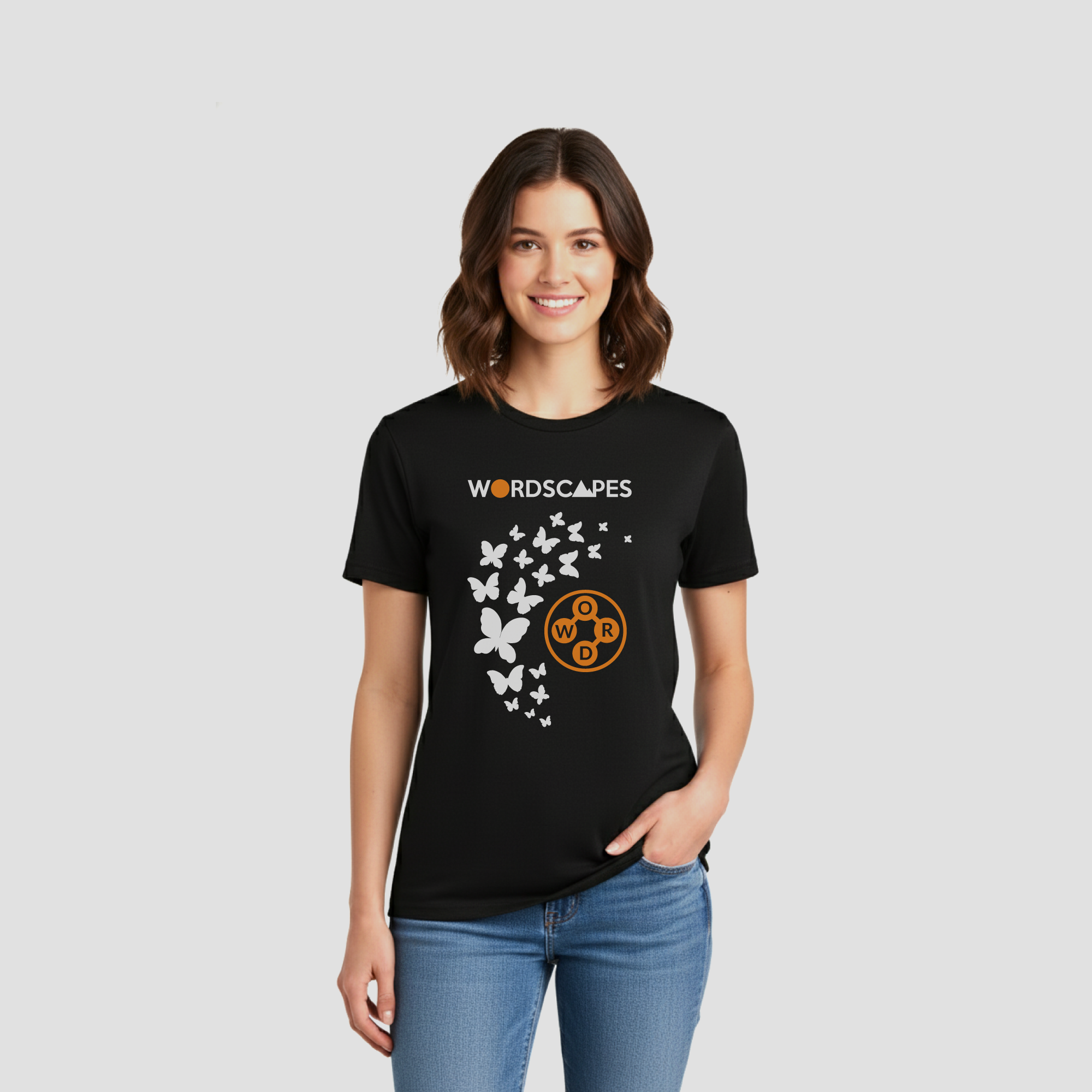 Female model in heathered charcoal Flight Tee