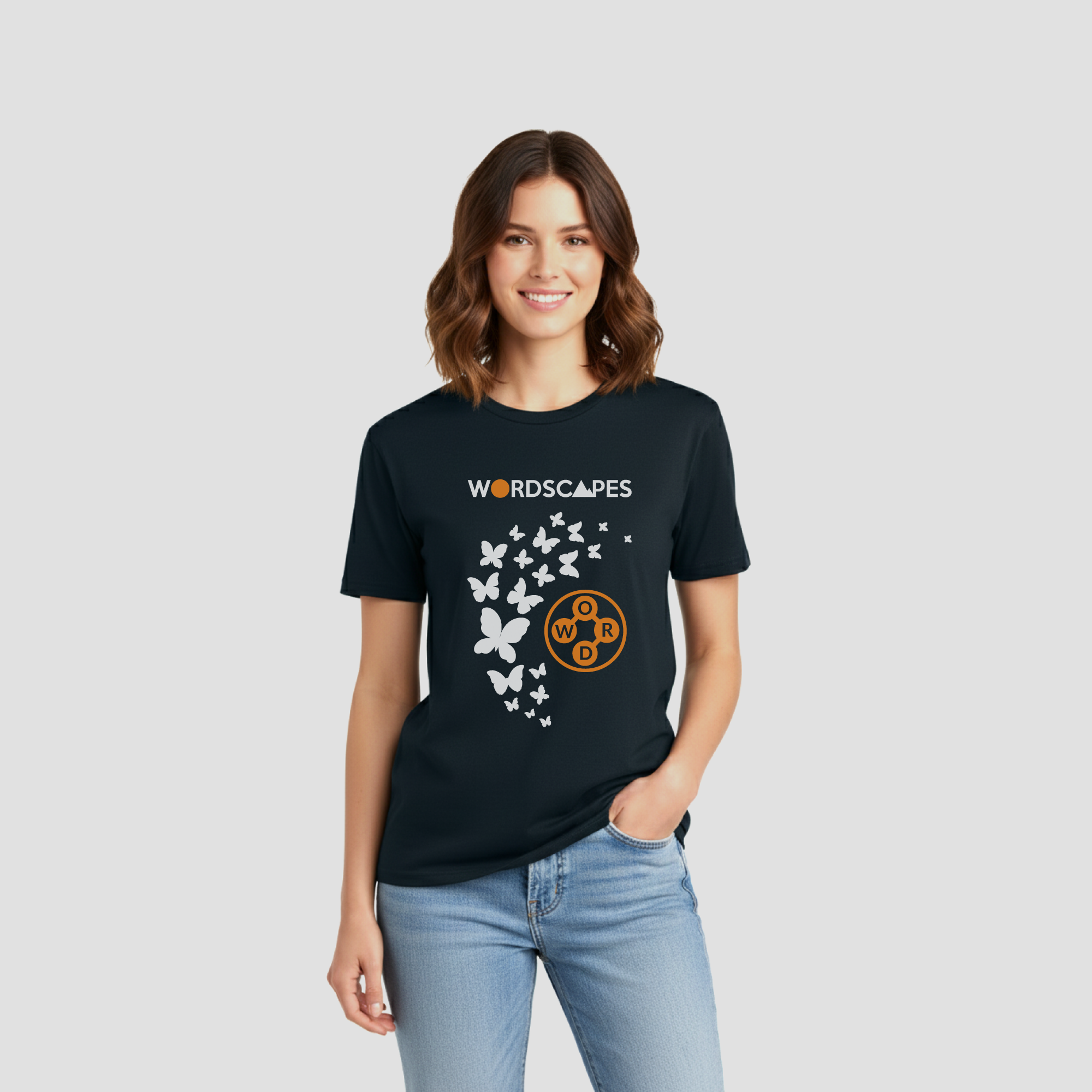 Female model in new navy Flight Tee